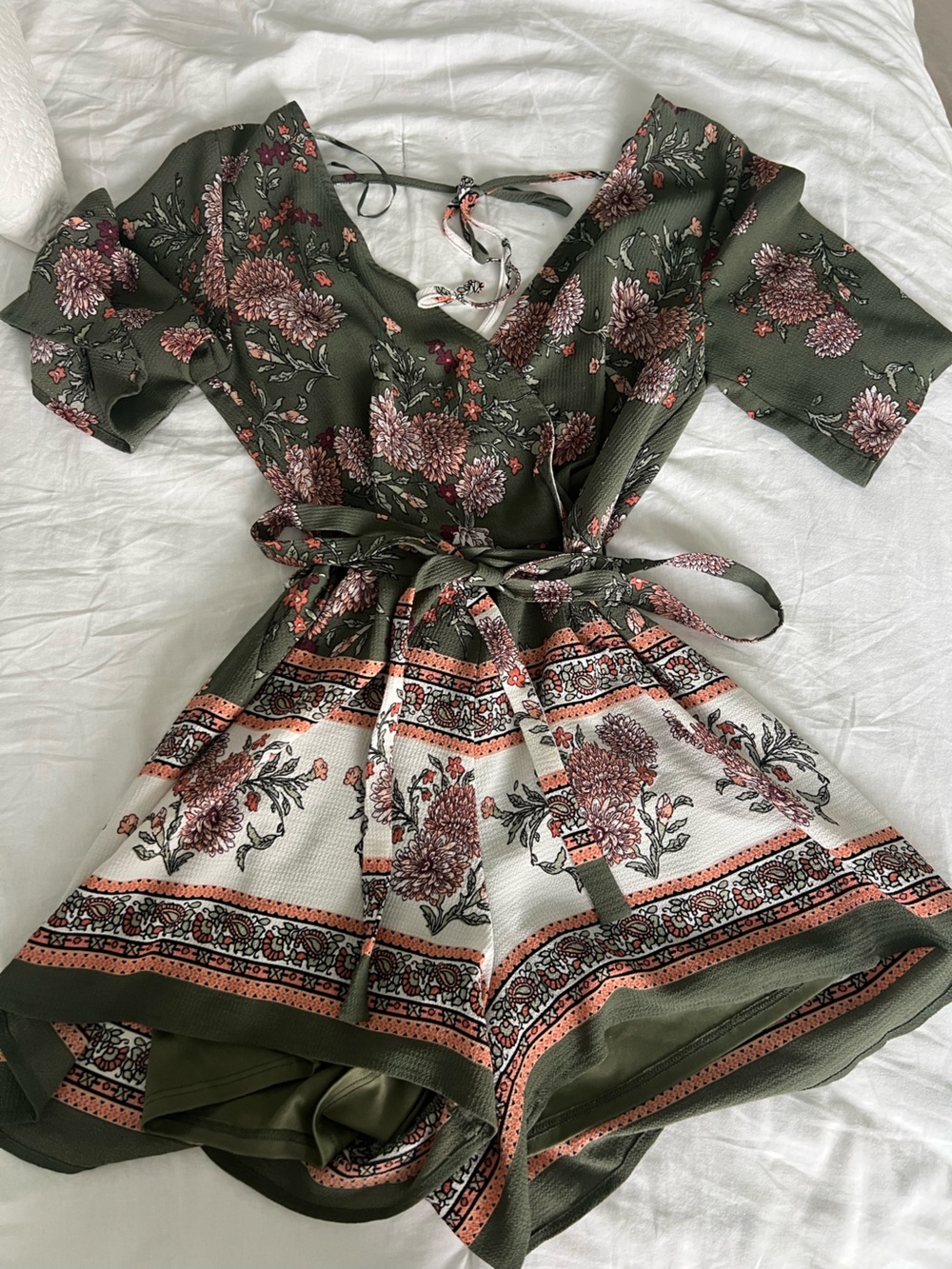 Blue Rain Olive, Cream & Coral Floral Romper
